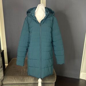 Swiss Tech Women’s Blue Green Puffer Jacket Hooded Quilted Design Size L 12/14